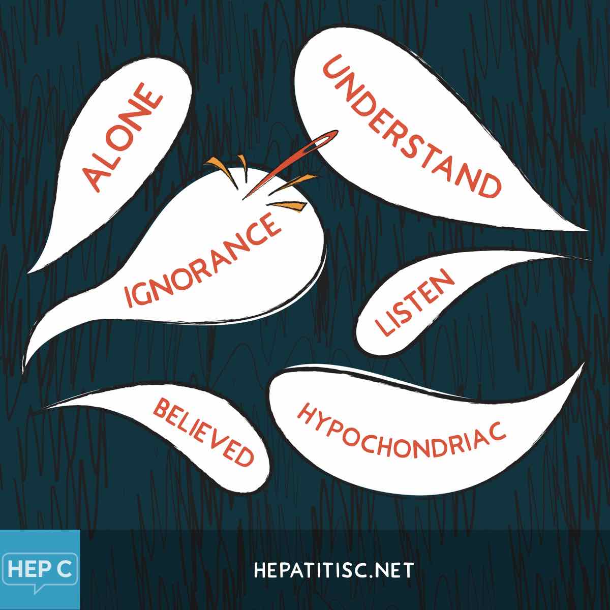 A needle bursts words like alone, ignorance and believed